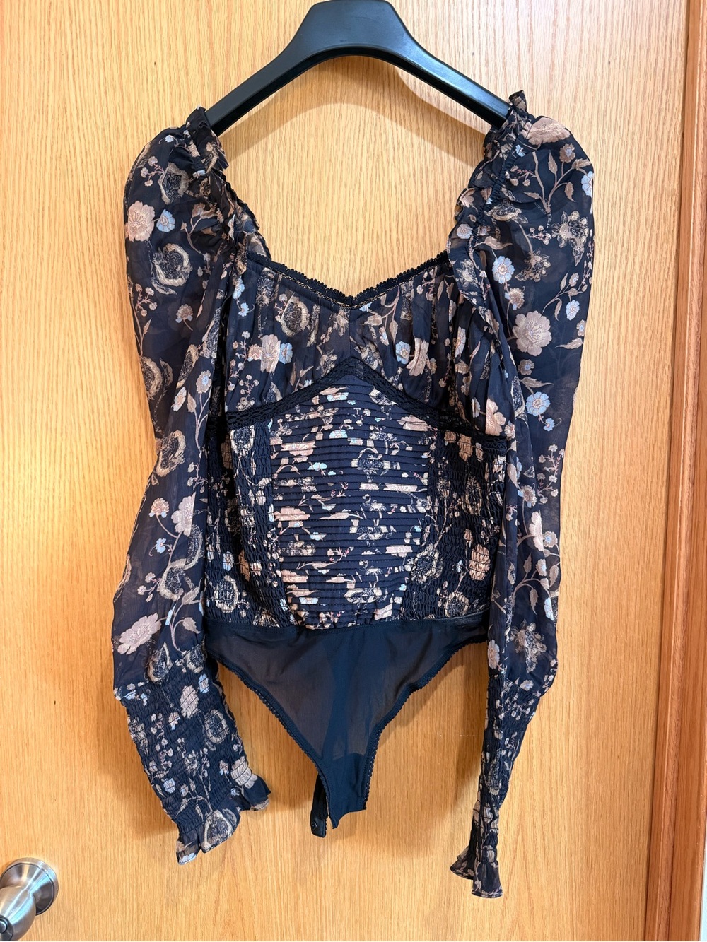 Free People Navy Floral Long Sleeve Bodysuit